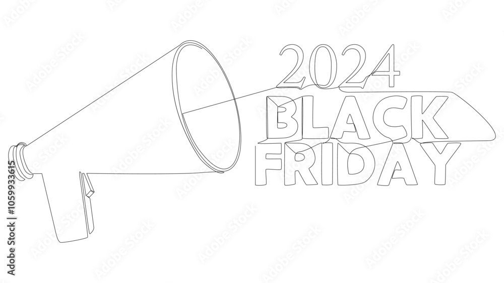 Poster one continuous line of megaphone with black friday 2024 text. thin line illustration vector concept.