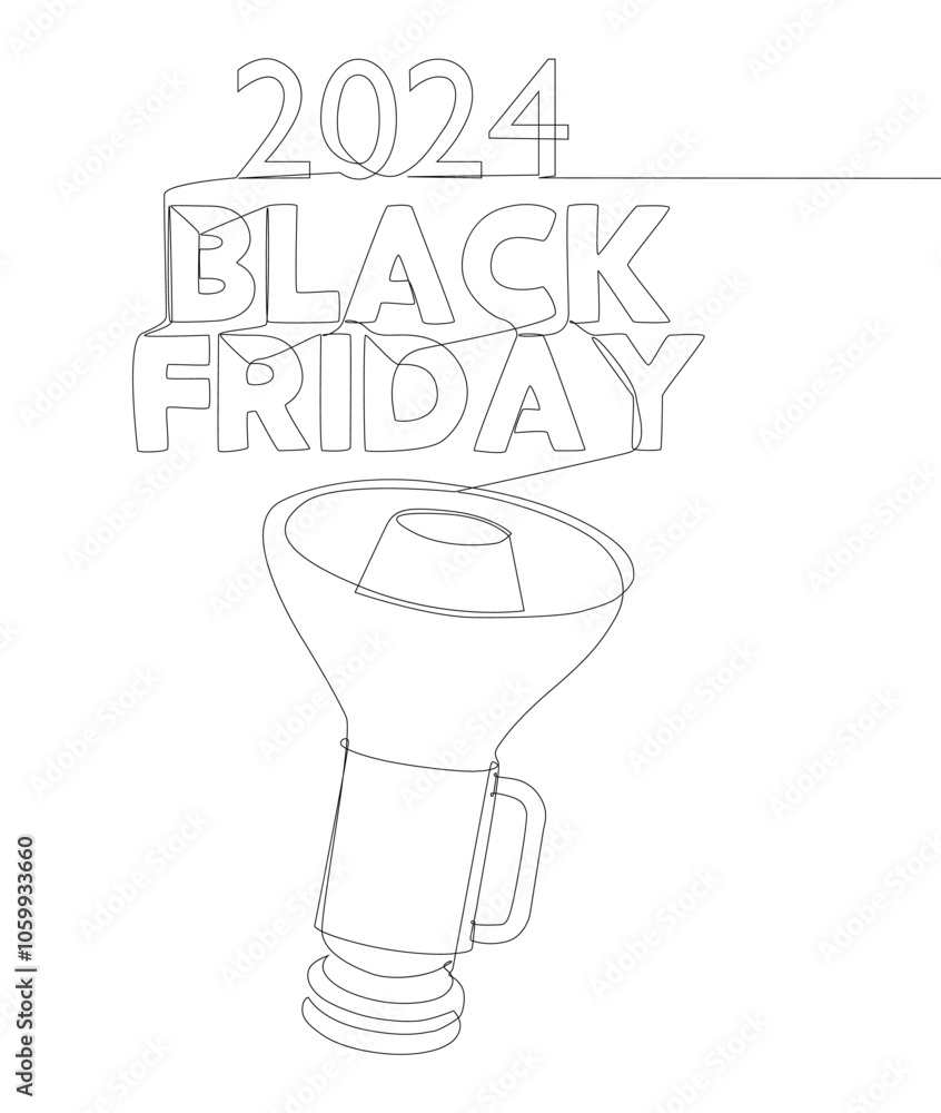 Poster one continuous line of megaphone with black friday 2024 text. thin line illustration vector concept.
