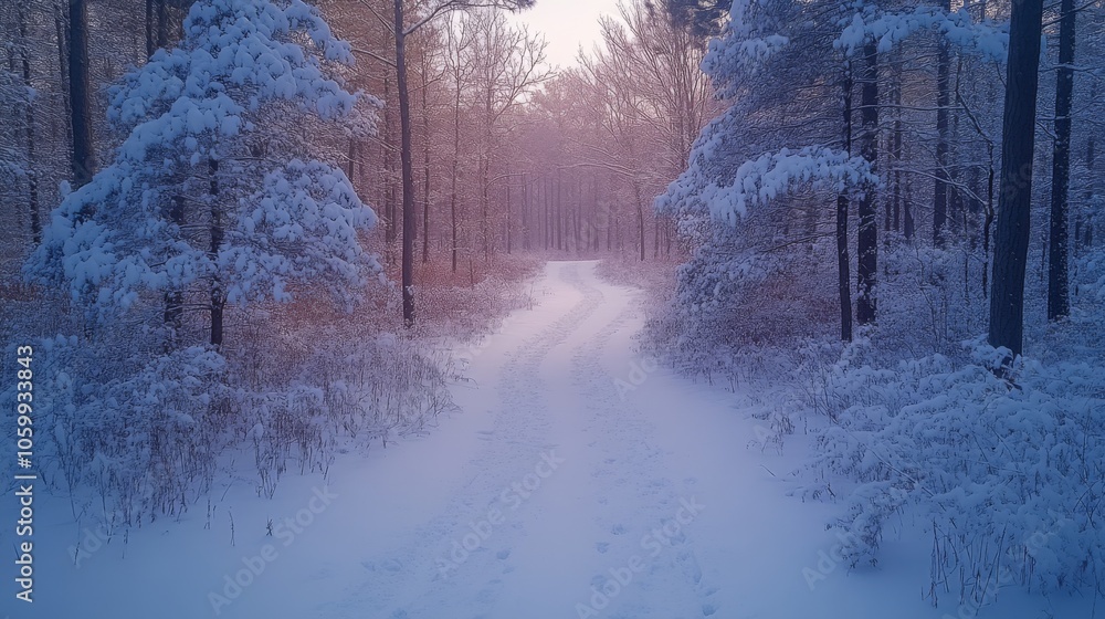 Aufkleber A serene winter morning reveals a snow-covered path, flanked by frosted trees and soft light filtering through the woods, inviting exploration.