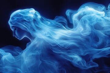 A Woman's Face Emerging from a Blue, Whimsical, Smoke-Like Form