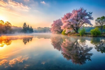 Obraz premium A serene lake at dawn with mist rising from the water's surface and surrounding trees in full bloom, mist, scenery, lakes, serenity, dawn