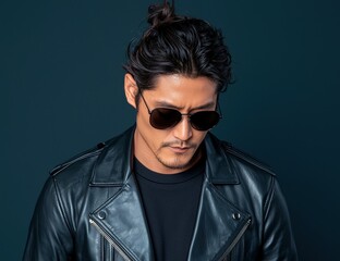 Obraz premium Stylish man in leather jacket and sunglasses
