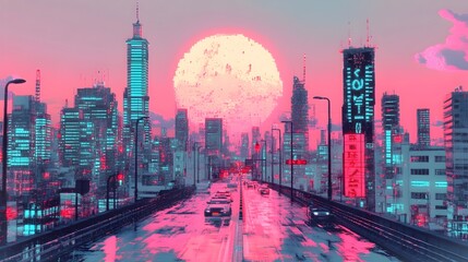 Fototapeta premium Futuristic Cityscape with Glitchy Skyscrapers and Surreal Retro Futuristic Atmosphere