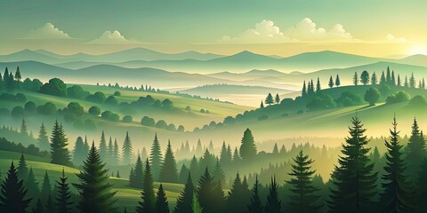 Obraz premium Vintage Panoramic Landscape with Green Silhouettes in a Retro Style, Perfect for Nature Lovers and Scenic Backgrounds, Ideal for Posters, Prints, and Digital Use