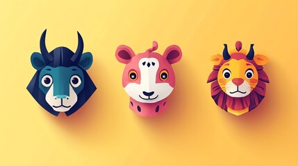 Fototapeta premium Colorful animal heads in a playful design against a vibrant yellow background.