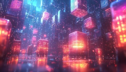 Obraz premium Futuristic Cityscape with Illuminated Cube Buildings and Reflections