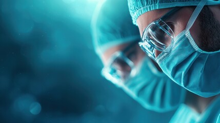 A team of surgeons, clad in blue scrubs and masks, works with intense focus and precision around a brightly lit operating table, their movements synchronized and efficient.