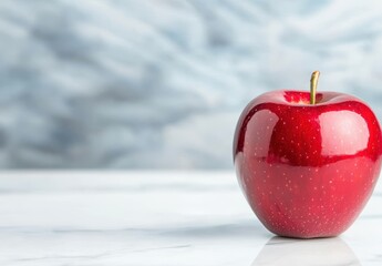 Vibrant red apple on a reflective surface