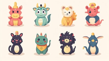 Obraz premium Cute and colorful cartoon animals in various playful poses, ideal for children's designs.