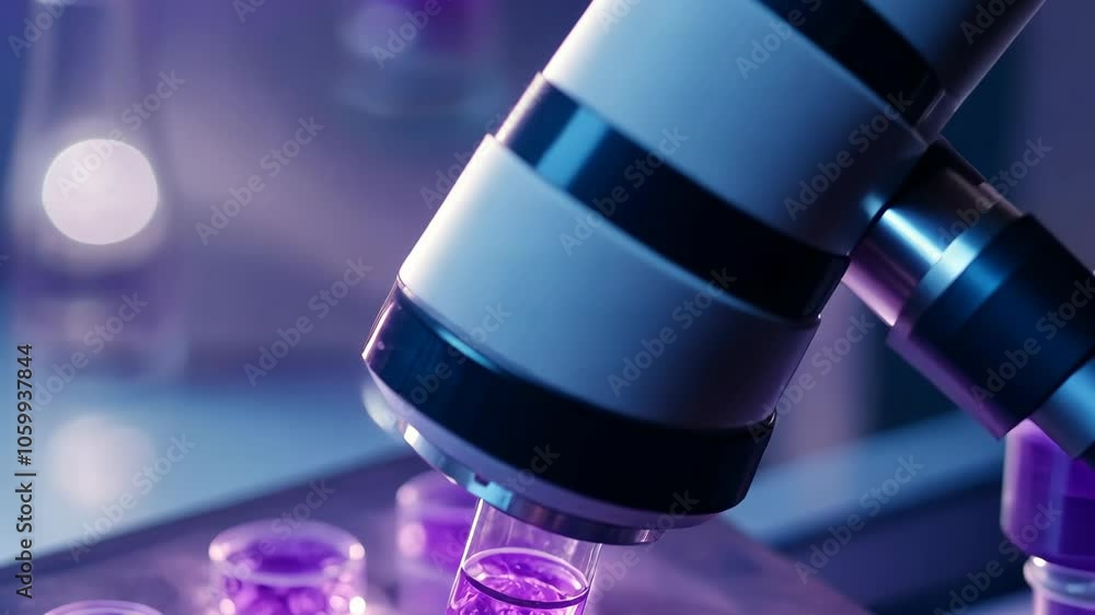 Poster a close-up of a microscope lens hovering over a vial of purple liquid in a lab setting