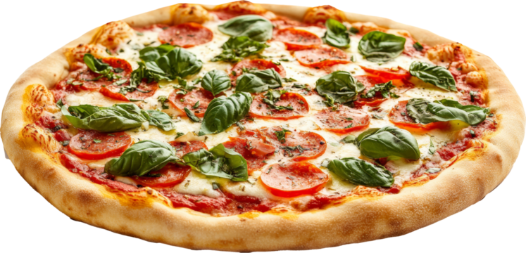 Classic margherita pizza with basil and mozzarella on wooden board. Italian cuisine and culinary delight concept