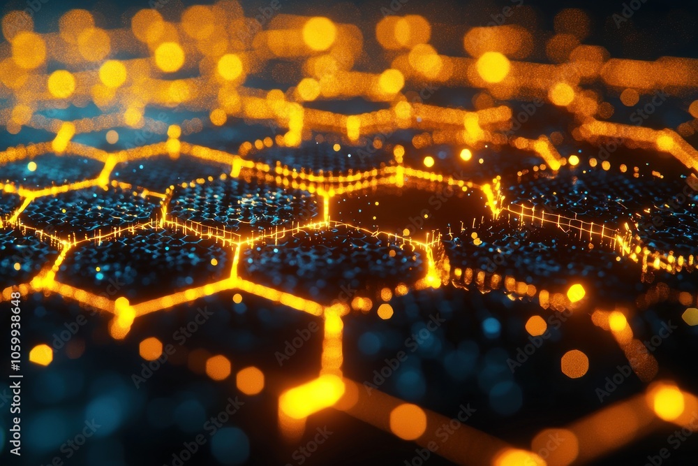 Poster Abstract Hexagonal Pattern with Glowing Orange Lines and Bokeh Lights