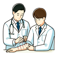 Fototapeta premium Vector illustration of a doctor giving acupuncture to a patient on a white background.