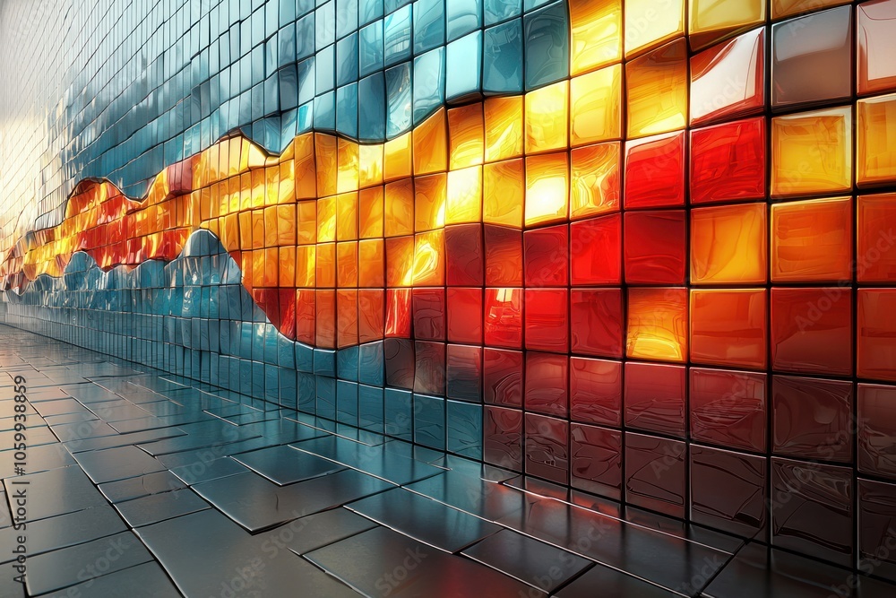 Poster abstract wave pattern on a wall of shiny tiles