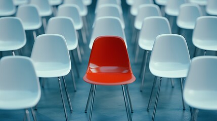 Fototapeta premium A Red Chair Among White Chairs, Modern Red Chair Standing Out of White Chairs, Confident Leadership Stand Out Concept, Thinking Differently