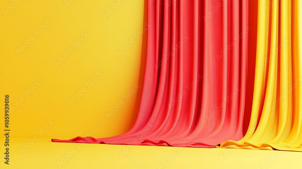 Poster colorful draped fabric in vibrant yellow and pink tones creating a dynamic visual backdrop.