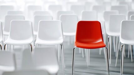 Obraz premium A Red Chair Among White Chairs, Modern Red Chair Standing Out of White Chairs, Confident Leadership Stand Out Concept, Thinking Differently
