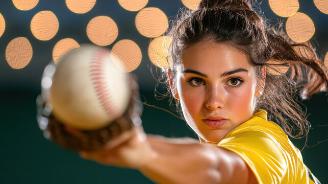 A focused young woman prepares to pitch a baseball, showcasing determination and athleticism against a backdrop of soft, glowing lights.