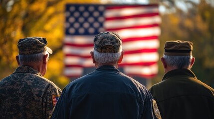 Group of veterans in different military uniforms, gathered around a memorial, each with expressions of pride and remembrance. The background shows a large American flag, highlighting unity and honor. 