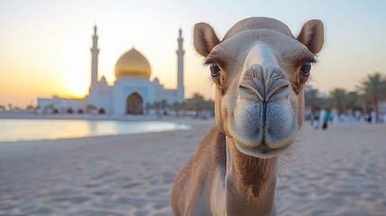 Naklejka premium Camel Portrait Against a Mosque Backdrop