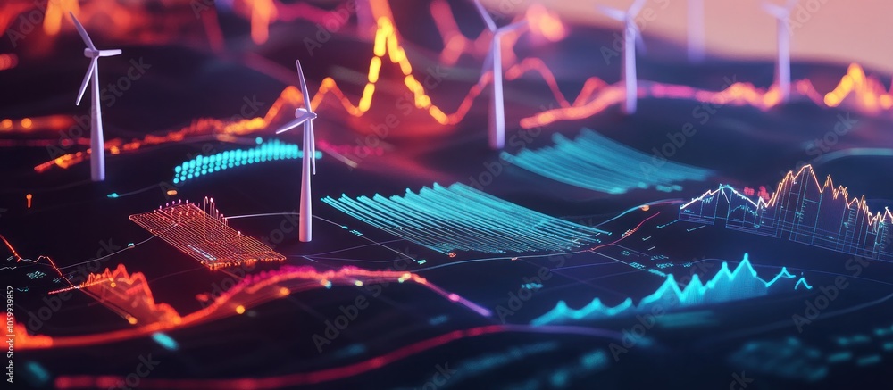 Poster abstract 3d render of wind turbines with digital line graphs showing growth and change.