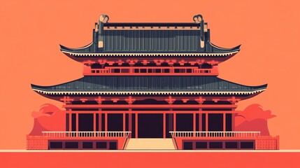Traditional Japanese temple illustration on a vibrant orange background, showcasing unique architectural details.