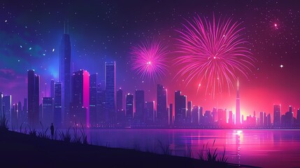 Fototapeta premium Vibrant city skyline illuminated by colorful fireworks against a starry night sky.
