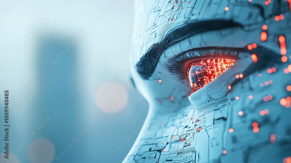 Poster a futuristic robot head with glowing eyes and intricate circuitry, representing the potential of art