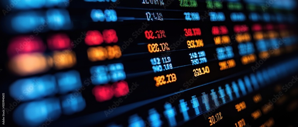 Poster close-up of a stock market ticker with colorful numbers and graphs
