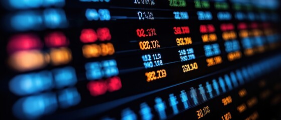 Fototapeta premium Close-up of a Stock Market Ticker with Colorful Numbers and Graphs