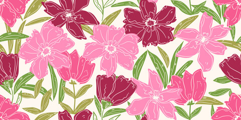 Flower  seamless pattern design with beautiful flower and leaves. Flower art. floral and leaf pattern design for fabric, cotton, wallpaper, satin, gift wrap, carpet, background.