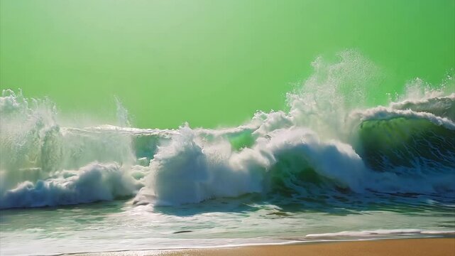 Ocean waves breaking on a beach where the sky is a chroma key green screen.