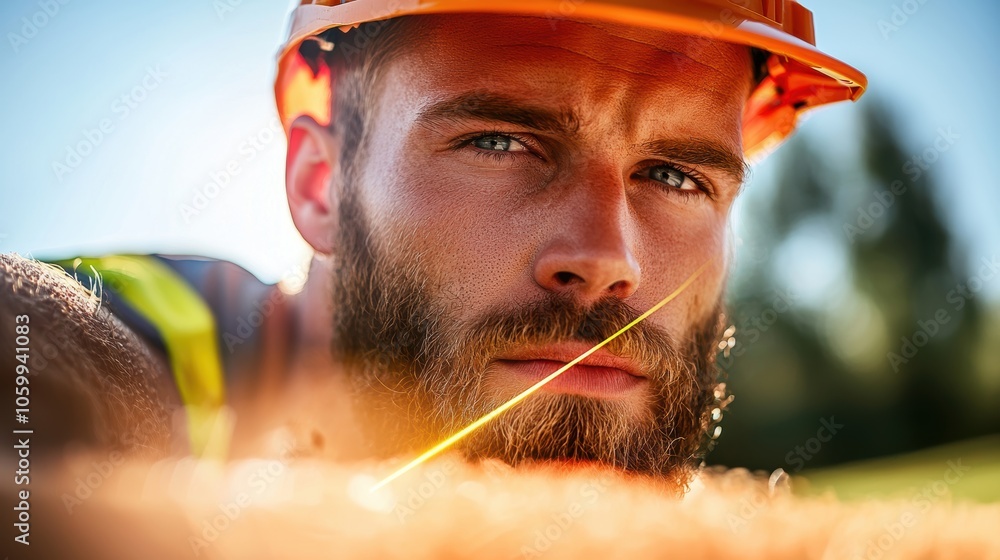 Poster a construction worker in a hardhat and safety vest using a laser level to ensure precise measurement