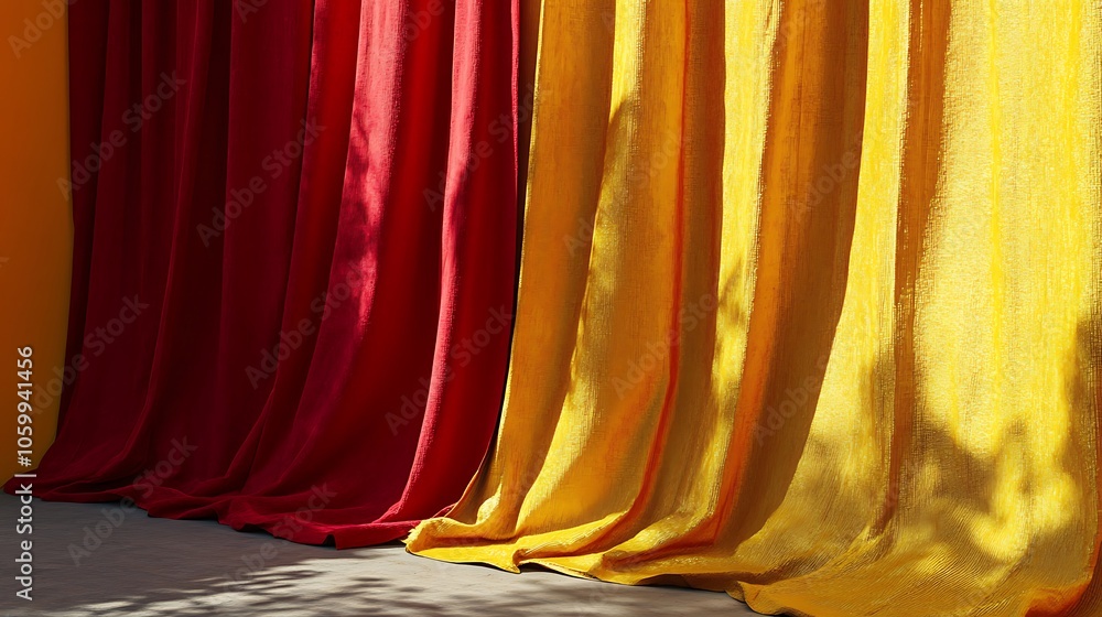 Poster vibrant drapes in red and yellow create a striking visual contrast in a warm setting.