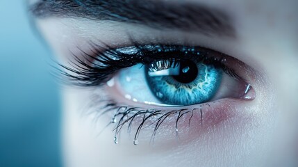 Fototapeta premium A pair of tear filled eyes staring directly at the camera, conveying deep sadness, grief, or the aftermath of emotional pain.