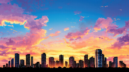 Obraz premium dramatic city skyline at sunrise with colorful clouds and buildings silhouetted against vibrant sky. scene evokes sense of awe and tranquility