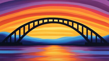 Obraz premium A vibrant sunset painting featuring a silhouetted bridge over still water, surrounded by colorful hills and dramatic skies.