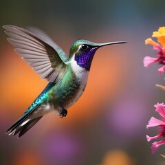 Fototapeta premium A colorful hummingbird with green, blue, and purple feathers