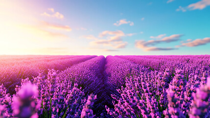 Fototapeta premium Vibrant lavender field under a bright blue sky at sunset.