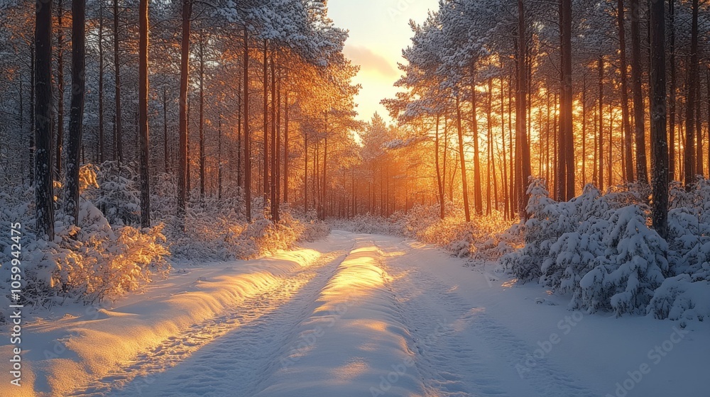 Poster golden sunlight casts a warm glow over a snow-covered forest path as tall trees stand majestically. 