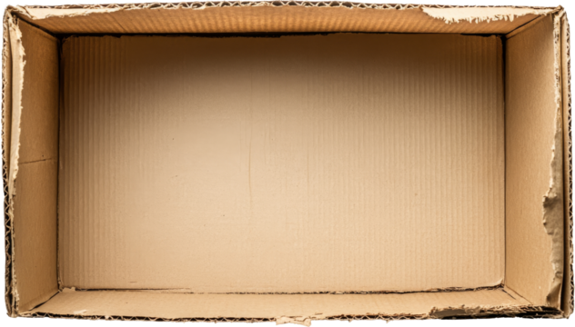 Empty cardboard box with worn edges, top view. Packaging and moving concept
