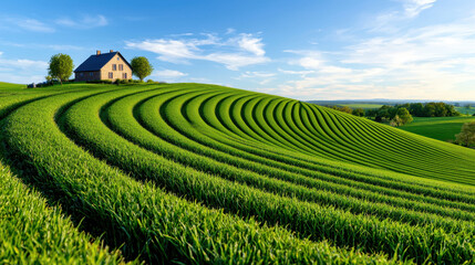 picturesque sunset over rolling countryside landscape with vibrant green fields and charming house nestled on hill. serene atmosphere evokes sense of tranquility and beauty