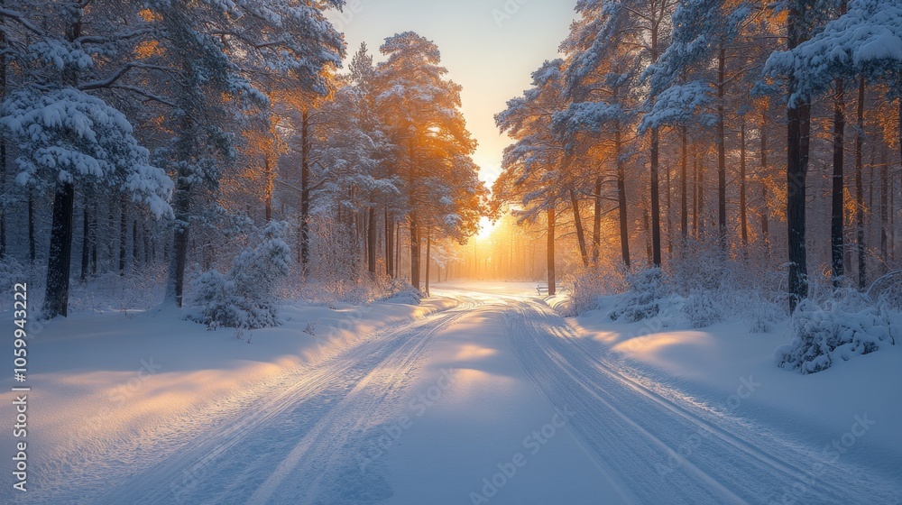 Aufkleber a tranquil winter landscape showcases a snowy path winding through tall trees. the warm glow of suns