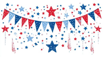 Obraz premium 4th of July party decorations with stars, stripes, and confetti isolated on white