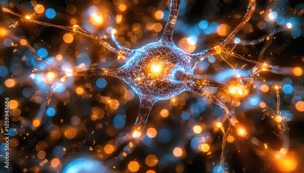 Poster a detailed render of a neuron with branching axons and dendrites
