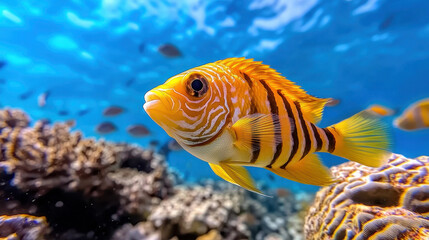 Fototapeta premium vibrant coral reef teeming with colorful fish, showcasing striking orange and striped fish swimming gracefully among corals. underwater scene is lively and full of life