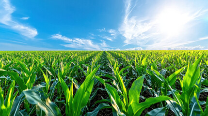 Obraz premium Aerial view of lush green cornfield under bright blue sky with clouds. vibrant crops stretch towards horizon, showcasing beauty of agriculture