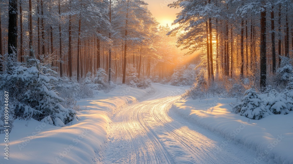 Aufkleber a winding path meanders through a silent, snow-blanketed forest as dawn breaks, casting a gentle gol