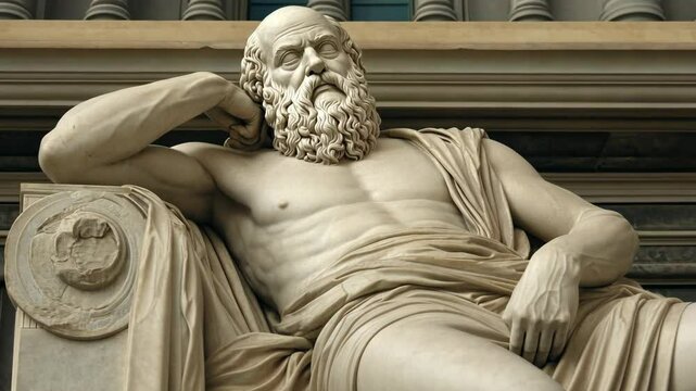 A marble statue of a reclining man with a beard, likely depicting the philosopher Plato, rests outside a building in Rome, Italy