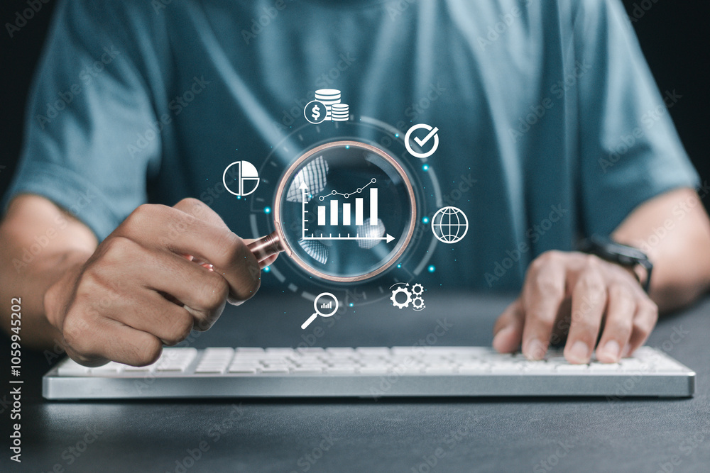 Poster analytics finance and business concept, finance data, operations, sales and marketing. man working w